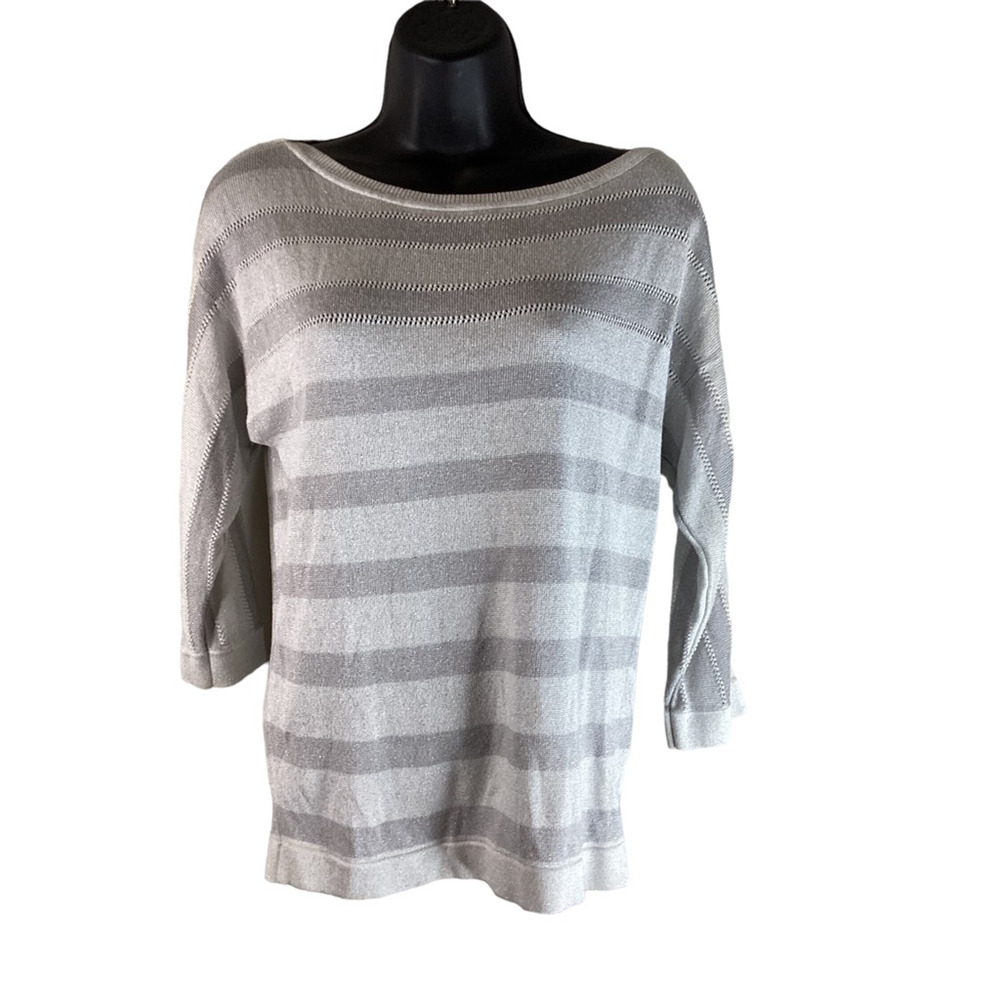 White House Black Market Womens Pullover Sweater Gray Striped 3/4 Sl metallic S